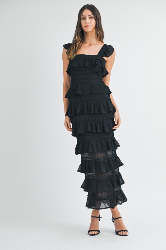 SQUARE NECK RUFFLE TIERED KNIT MIDI DRESS