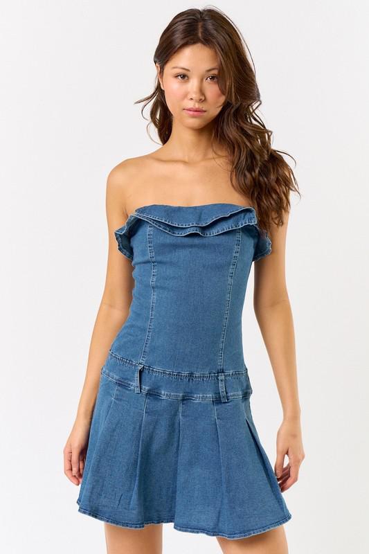 Denim Ruffle Tube Mini Dress