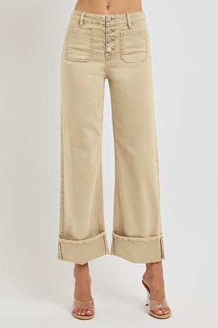 HIGH RISE WIDE LEG FRONT PATCH POCKET CUFFED PANTS