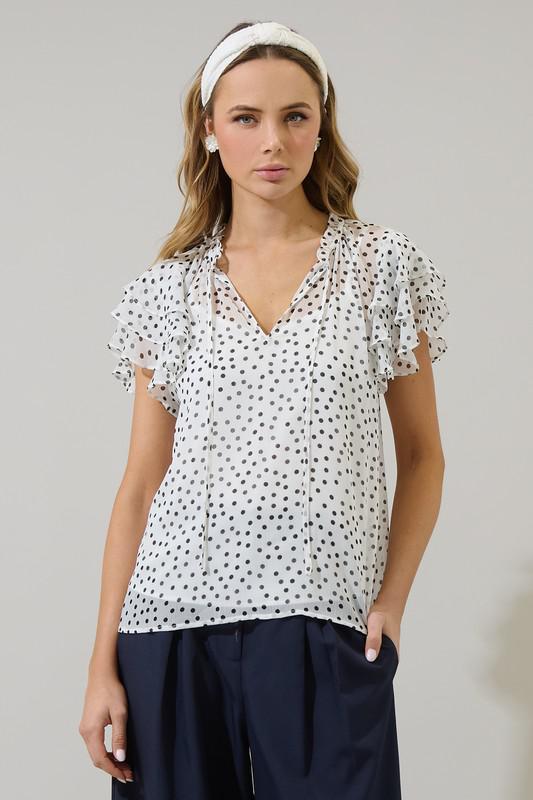 Maloy Polka Dot Flutter Sleeve Top