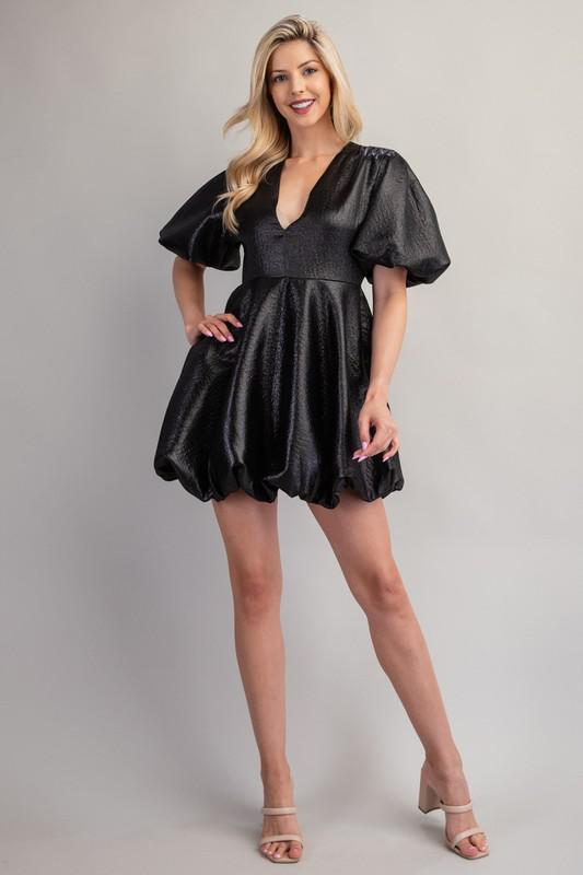 Deep V Puff Sleeve Mini Dress