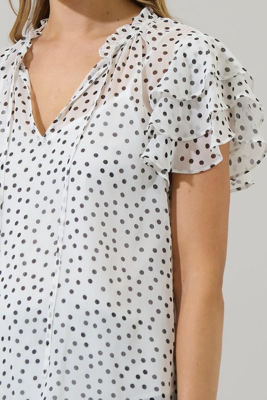 Maloy Polka Dot Flutter Sleeve Top