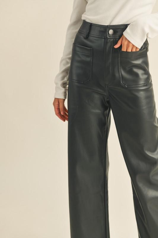 Faux Leather Patch Pocket Wide Leg Pants