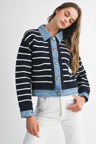 Striped Denim Detail Cardigan