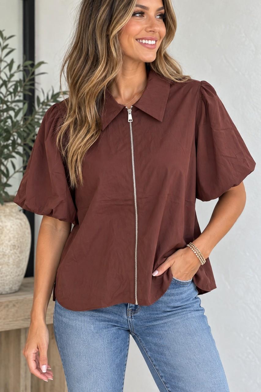Zip Front Bubble Sleeve Top