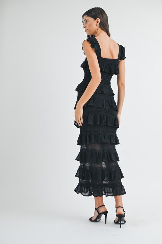 SQUARE NECK RUFFLE TIERED KNIT MIDI DRESS