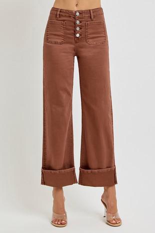 HIGH RISE WIDE LEG FRONT PATCH POCKET CUFFED PANTS
