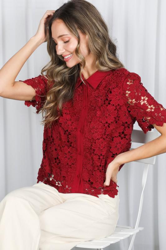 Short Sleeve Button Down Floral Lace Shirt