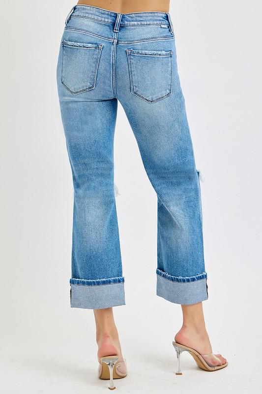 TUMMY CONTROL MID RISE CROP STRAIGHT CUFFED JEANS