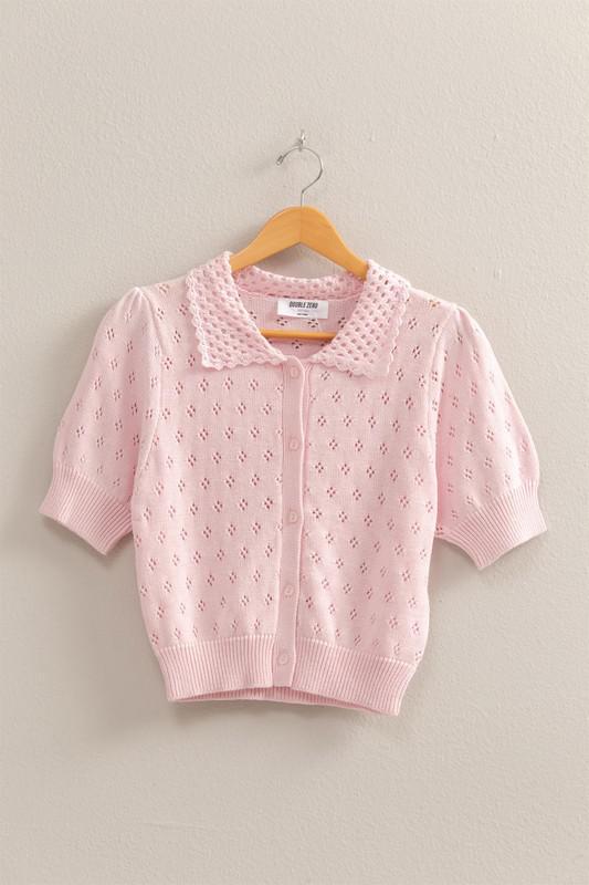 Pointelle Open Knit Puff Sleeve Top