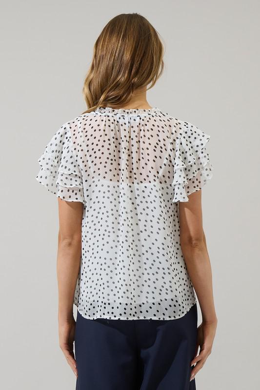 Maloy Polka Dot Flutter Sleeve Top