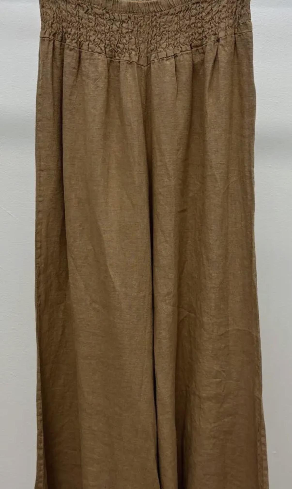 Smocked Wide Leg Linen Pants