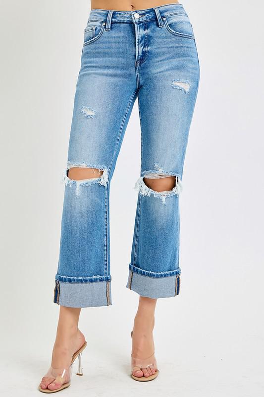 TUMMY CONTROL MID RISE CROP STRAIGHT CUFFED JEANS