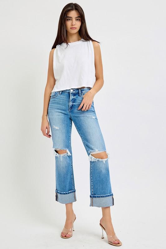 TUMMY CONTROL MID RISE CROP STRAIGHT CUFFED JEANS