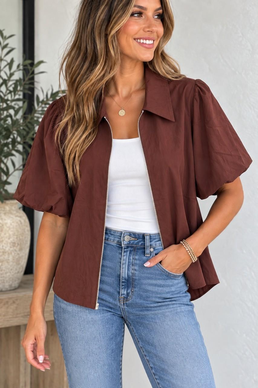 Zip Front Bubble Sleeve Top