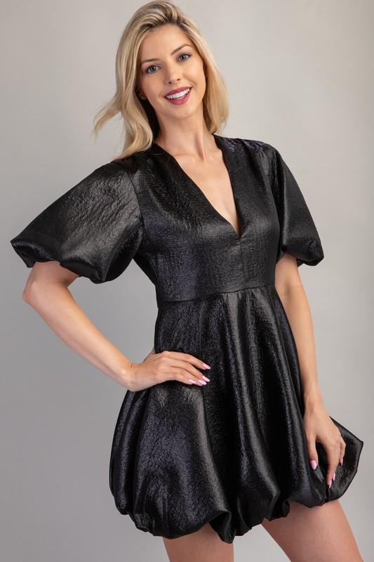 Deep V Puff Sleeve Mini Dress