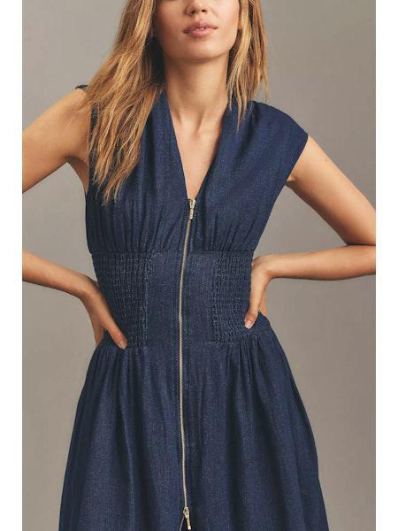 SMOCKED WAIST ZIP FRONT MAXI DRESS