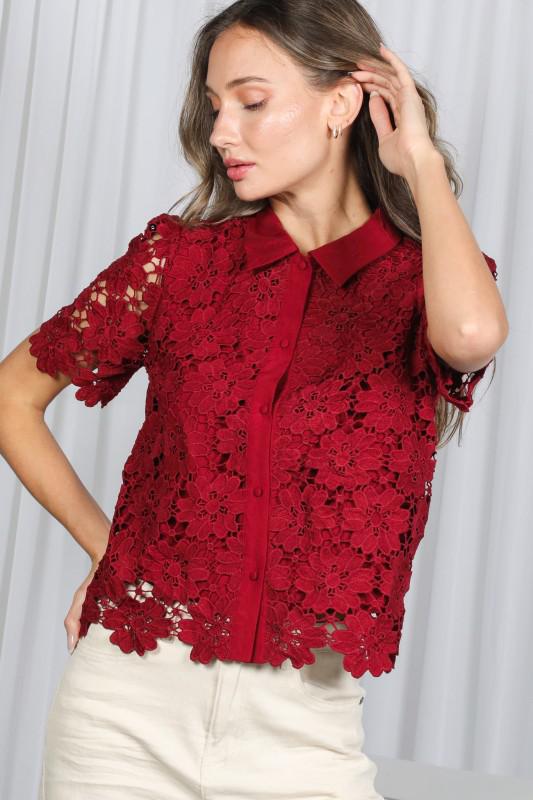 Short Sleeve Button Down Floral Lace Shirt