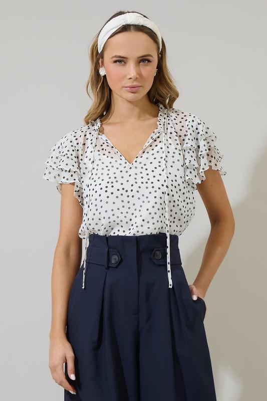 Maloy Polka Dot Flutter Sleeve Top