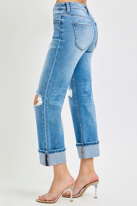 TUMMY CONTROL MID RISE CROP STRAIGHT CUFFED JEANS