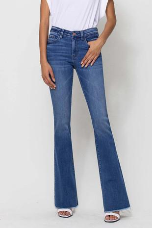 Mid Rise Raw Hem Flare Jeans