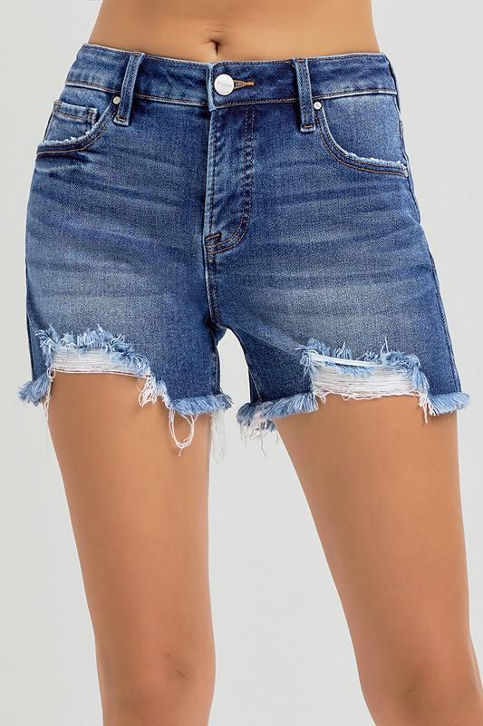 TUMMY CONTROL MID RISE FRAY HEM SHORTS
