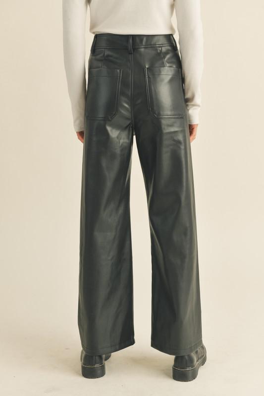 Faux Leather Patch Pocket Wide Leg Pants