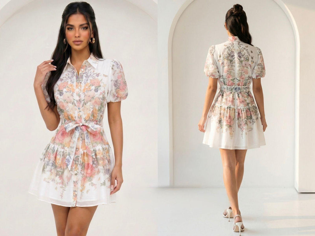 Bubble Sleeve Floral Mini Dress