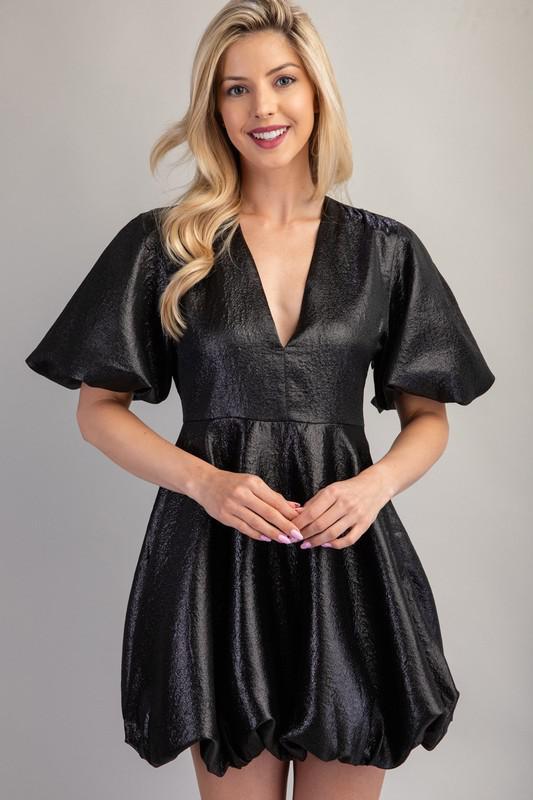 Deep V Puff Sleeve Mini Dress