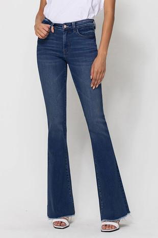 Mid Rise Raw Hem Flare Jeans