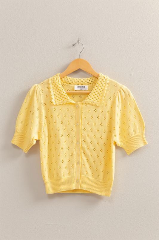 Pointelle Open Knit Puff Sleeve Top