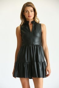 Faux Leather Sleeveless Ruffled Dress2