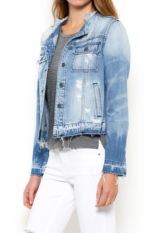 Henley Collar Hidden Jean Jacket